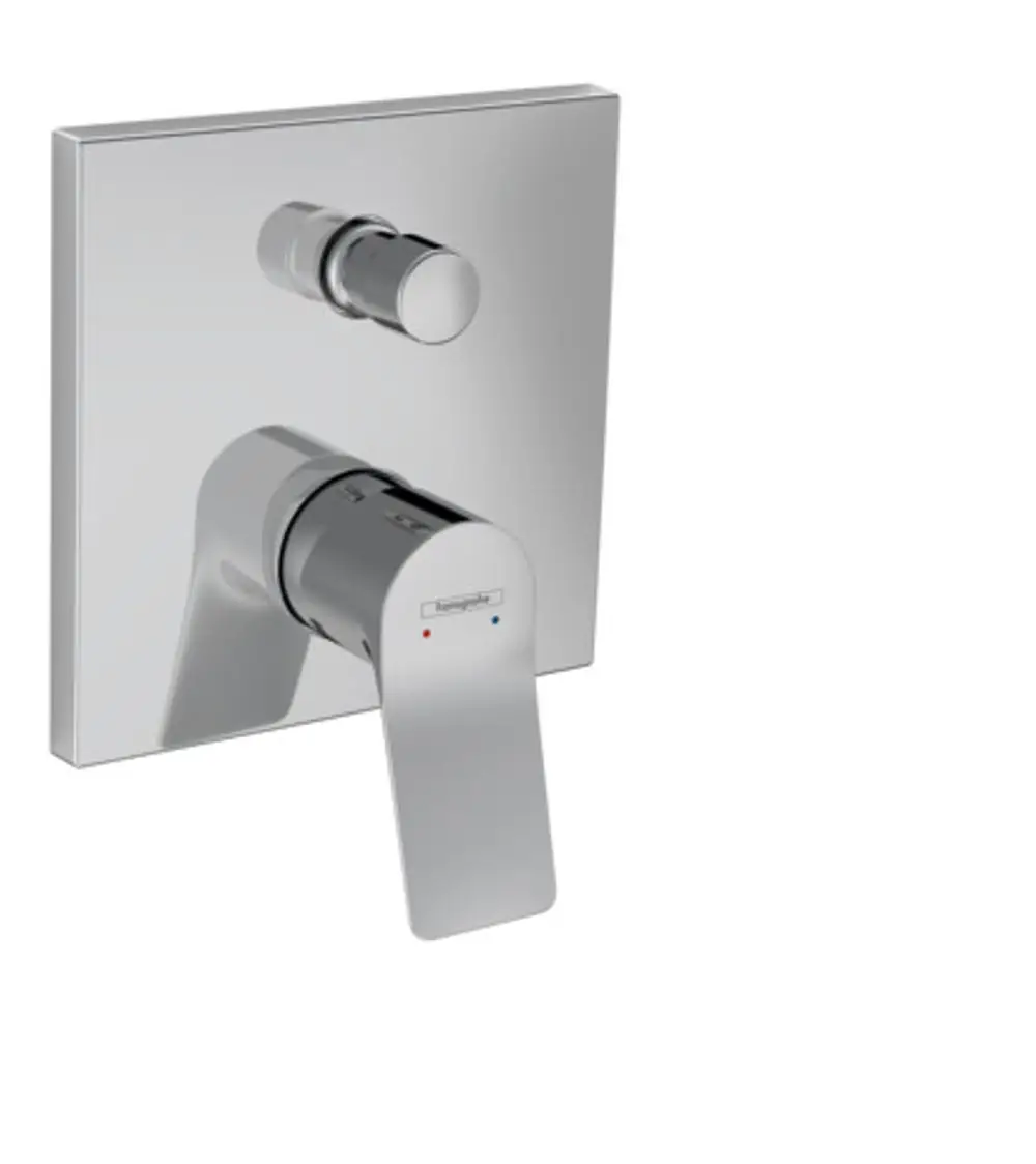 Einhebel-Wannenmischer von Hansgrohe, Unterputz-Design mit glänzender Chrom-Oberfläche und Temperaturindikatoren in rot und blau.